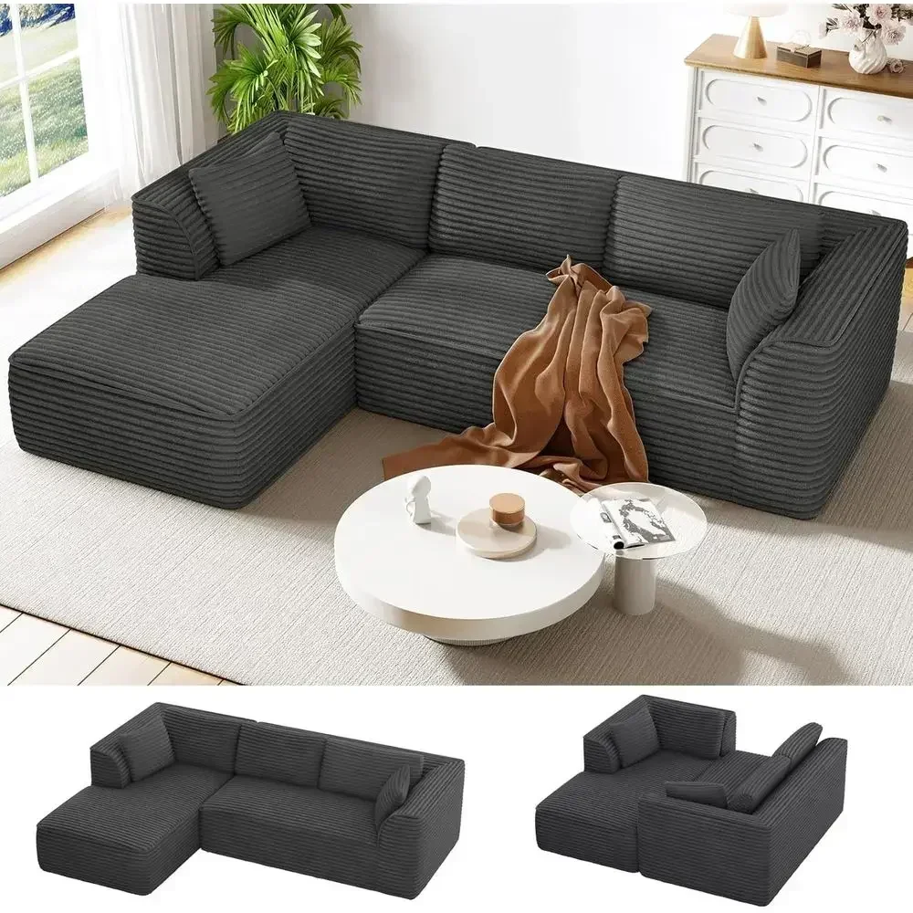 106 Grey Deep Seat Cloud Comfort Sectional Sofa with Chaise, Corduroy Memory Foam, Living Room/Bedroom, Ready to Use