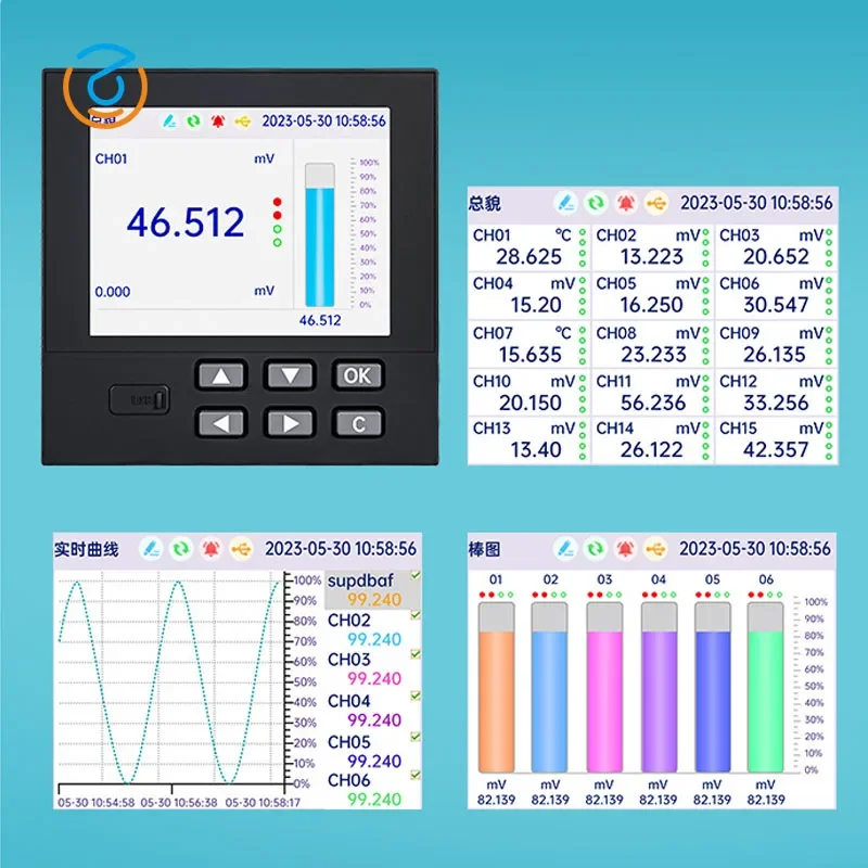 Achttien kanaals papierloze recorder Flow drukvermogen meerkanaals temperatuurmonitor kleurenscherm papierloze recorder