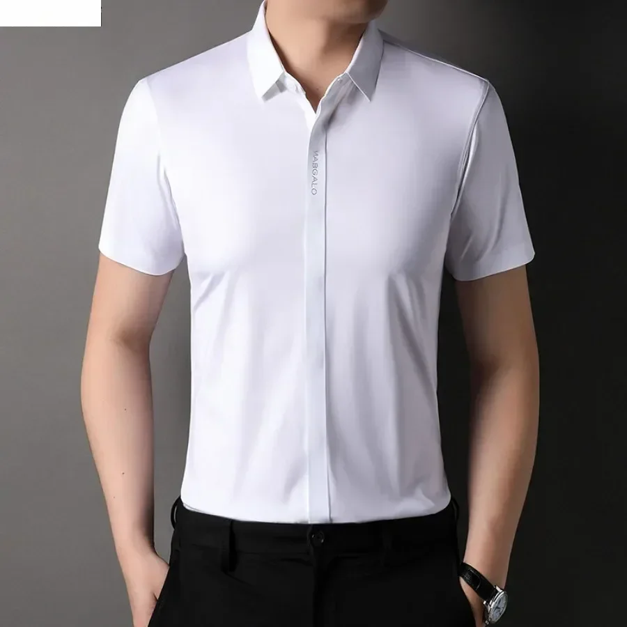 

Летняя новинка: Мужская рубашка с коротким рукавом, скрытые пуговицы, легкий люкс, высокая эластичность, деловой стиль, немнущаяся, из ледяного шелка