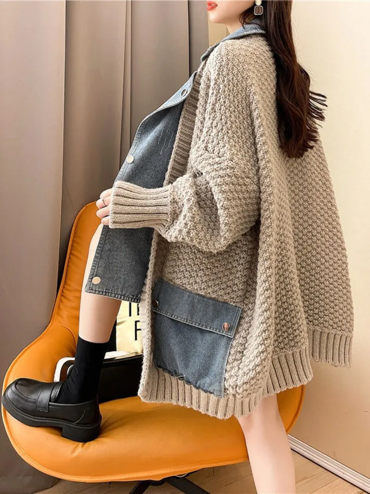 2023 Autumn Winter New Arrivals Denim Stitched Sweater Coat Women\'s Loose Thickened Knitted Cardigan Top Women