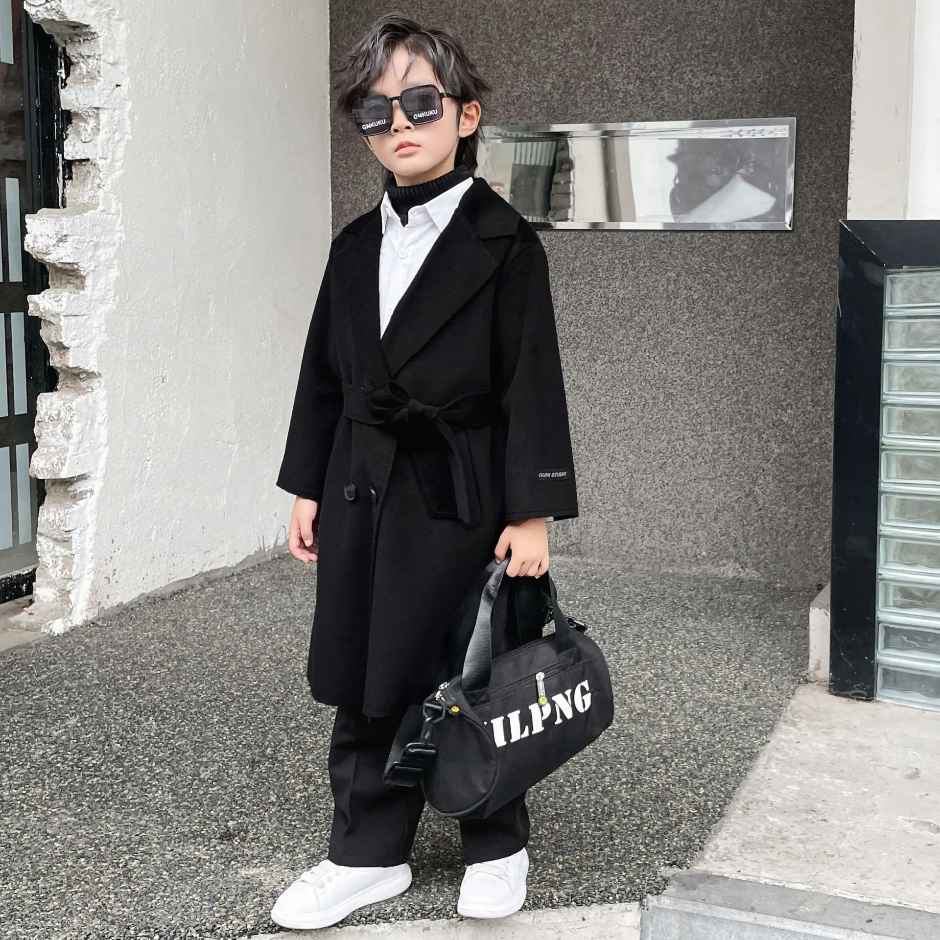 الأطفال التصوير معطف الصوف 3-15Y الاطفال يندبروف في الهواء الطلق سترة طويلة المراهقين بنين أسود بيج الشتاء معطف الصوف الدافئ