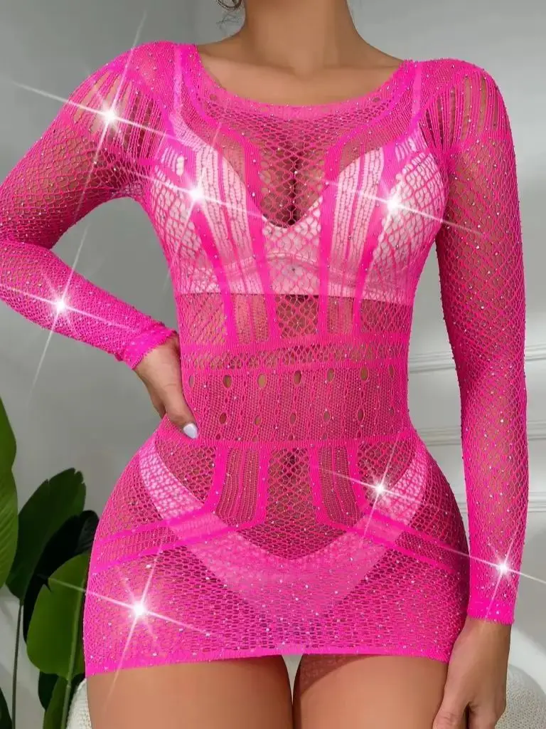 섹시한 긴팔 반짝이는 라인스톤 힙 스커트 원피스 섹시 네트수트 크리스탈 드레스 다이아몬드 바디스타킹 란제리
