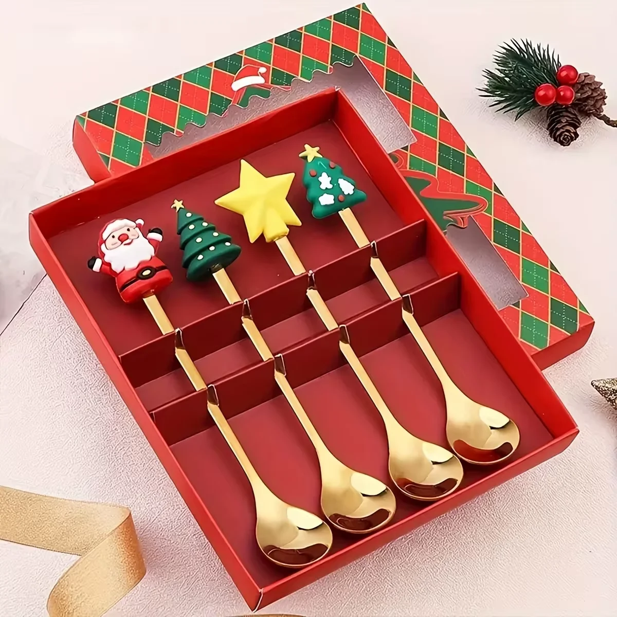2/4/6Pcs Christmas Fork And Spoon Set,Stainless Steel Creative Tableware,Coffee Tea Dessert Forks And Spoons Gift Set. view 5