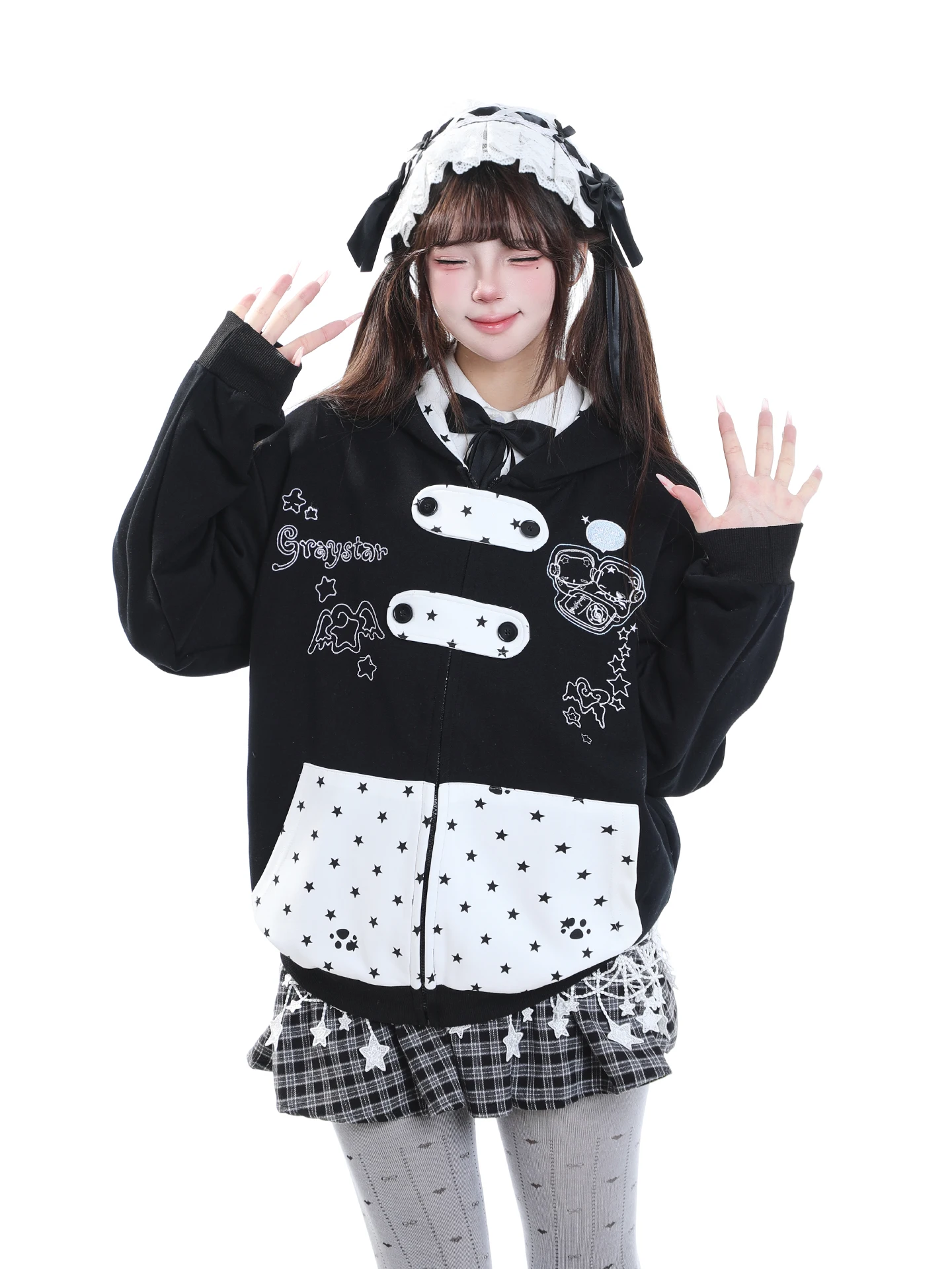 Casual Loose Women's Hoodie Cardigan Embroidered Lightweight Autumn College Style Lazy Fashionable Outerwear Sweatshirt