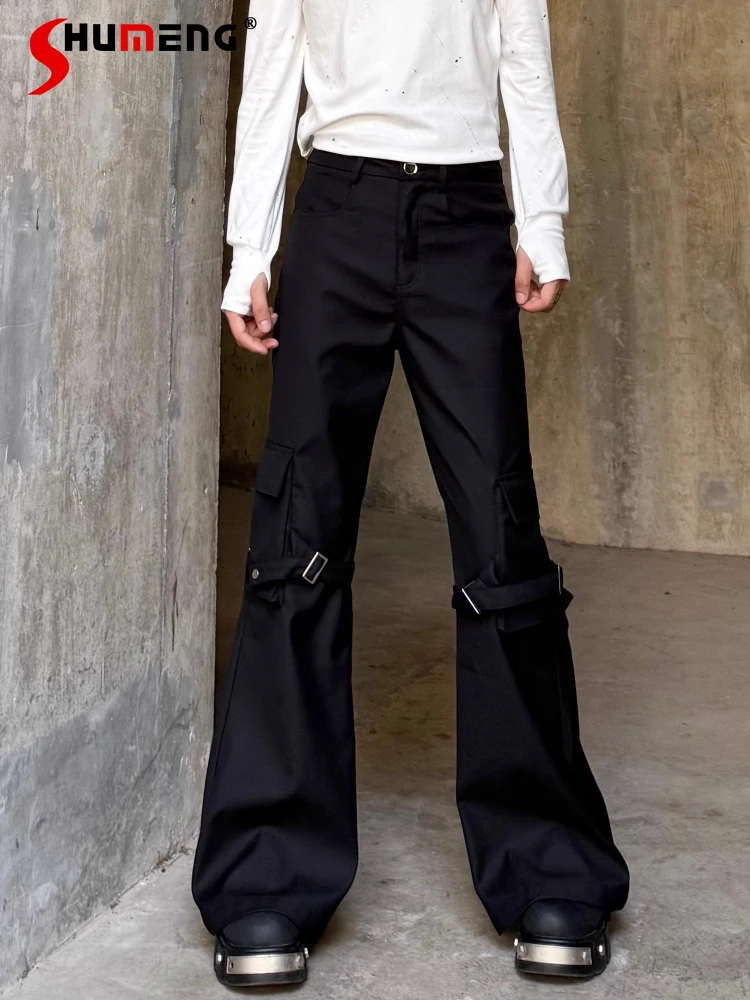 

2025 модные расклешенные брюки мужские ремни дизайн инструменты свободный крой универсальные длинные брюки мужские красивые модные брюки на молнии