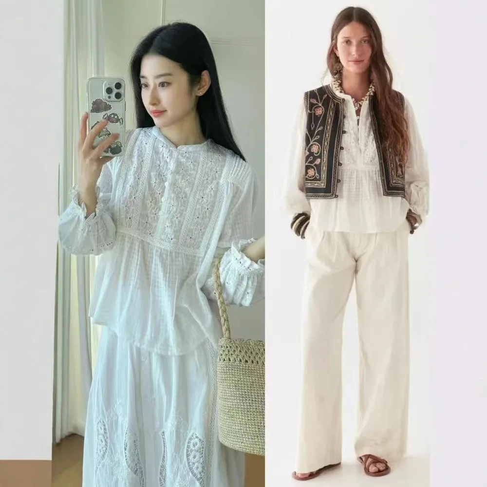 

French Sle round Ne Embroidered Patchwork Loose Women's irt Cotton Long Sve Plant Floral Patterned f Open Front B...