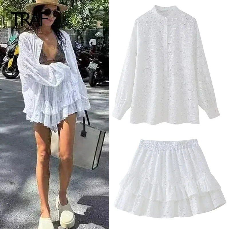 

TRAF Women's Summer Suit Cutwork Lace Set Two Piece Set Lapel Collar Long Sleeves Top And Mini Ruffled Skirt Short Elegant Sets