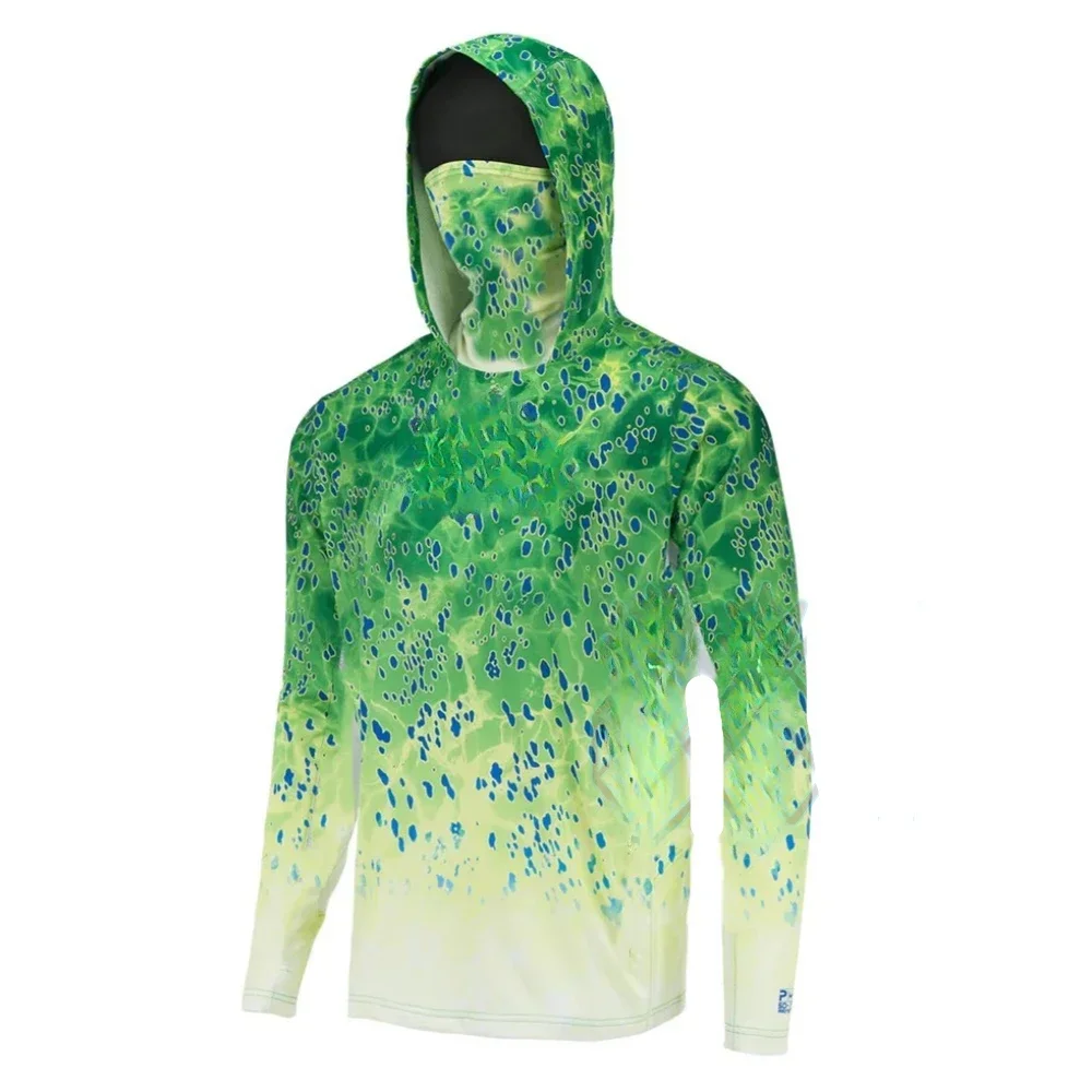 Men Gradient Camo Hooded Fishing Shirt Built‑in Face Mask UPF50+ Quick Dry Mesh Splicing Long Sleeve Outdoor Sun Protection Top