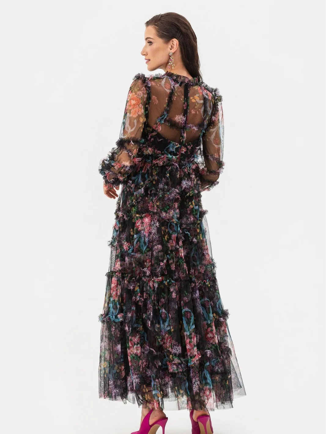 Floral Print Long Dress Spring Autumn High-End Evening Gown French Style Wedding Dress Cross-Border European Women's Fashion