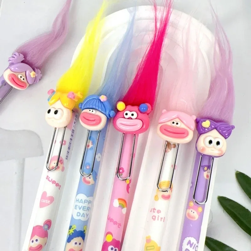 6pcs New Kawaii Fried Fur Gravity Gel Pen Creative Sticky Hair Signature Pen Funny Ugly Baby Student Stationery Gift