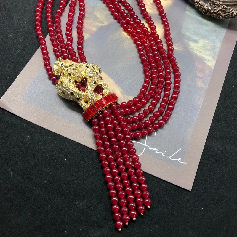 versatile red stone beads multi-layer necklace big statement leopard pendant tassel exquisite jewelry