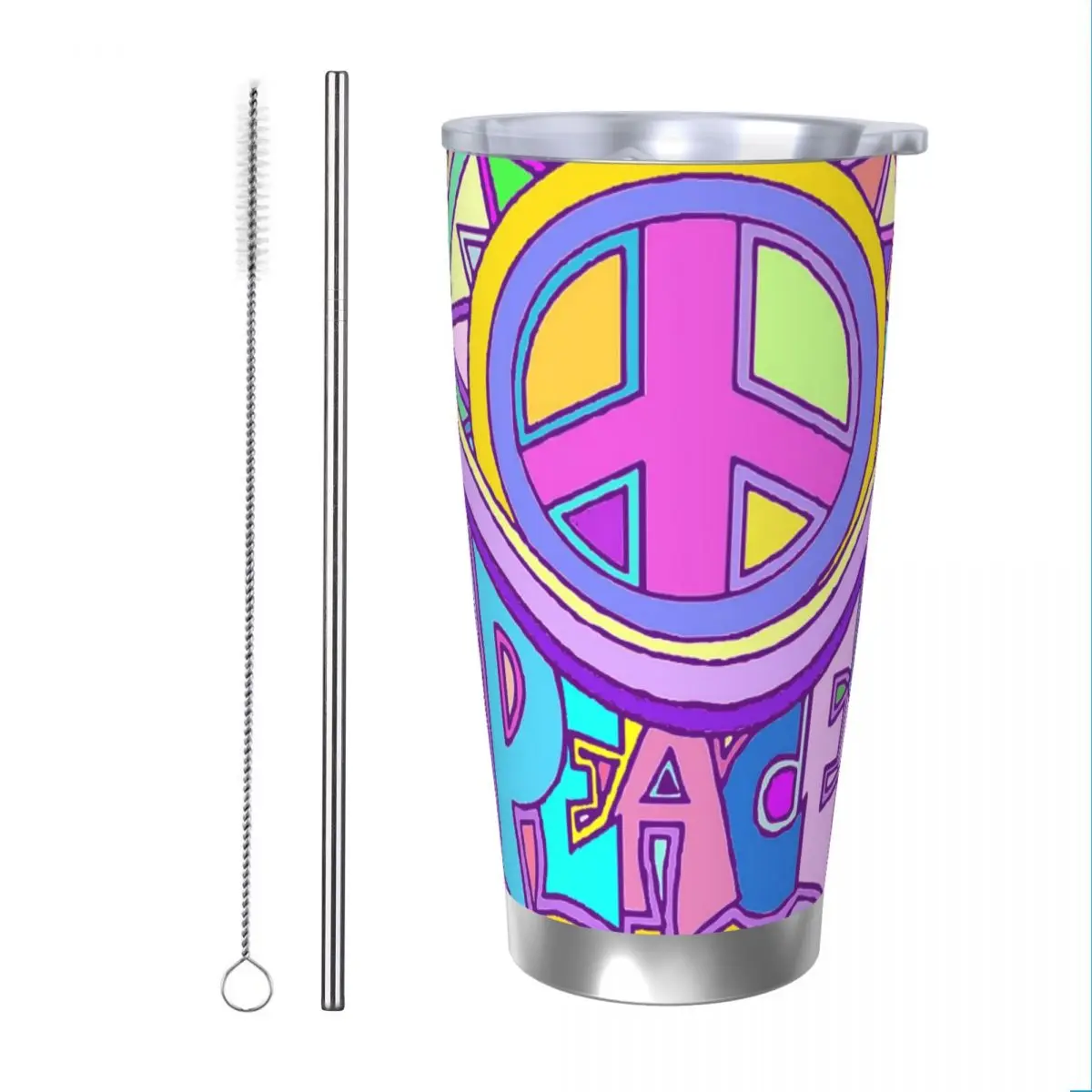 Psychedelic Hippy Retro Peace Tumbler Vacuum Insulated Woodstock Coffee Cups Stainless Steel Outdoor Mugs Hot Cold Drink, 20oz