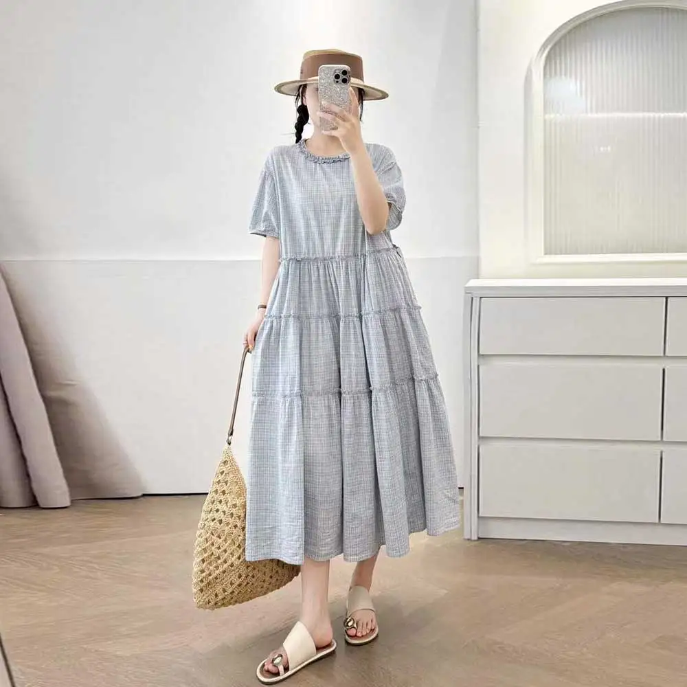 

Japanese Mori Girl Vintage Plaid Belted Waist Dress Women Summer New O-Neck Short Sleeve Casual Loose A-Line Midi Dresses