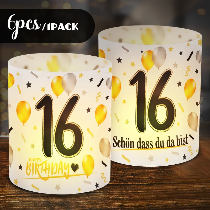6 pcs. Black Gold Birthday Table Lamp Shades - Battery-Free Decorative Plastic Covers with Balloons - view 5