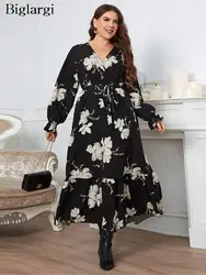 Plus Size Summer Floral Dress Women Black Flower Print Long Sleeve Pleated Ruffle Ladies Dresses Fashion Woman Dress 2023