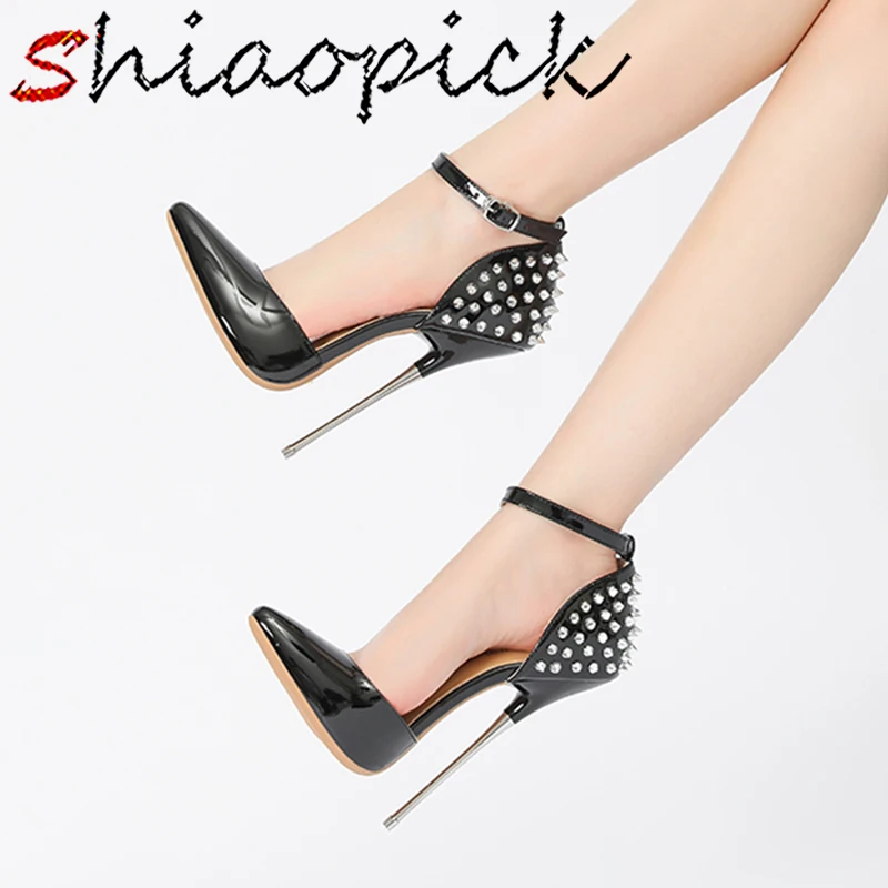

ГОРЯЧАЯ НОВИНКА 16 см заостренные туфли на высоком каблуке-шпильке серебряные заклепки фетиш сексуальные туфли-лодочки с ремешком на щиколотке гомосексуальная взлетно-посадочная мужская обувь унисекс размера плюс