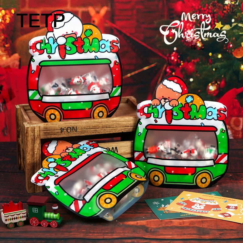 

TETP 50Pcs Christmas Car Shape Cookies Bag With Frosted Window Happy New Year Candy Gift Chocolate Lollipop Packaging Decoration