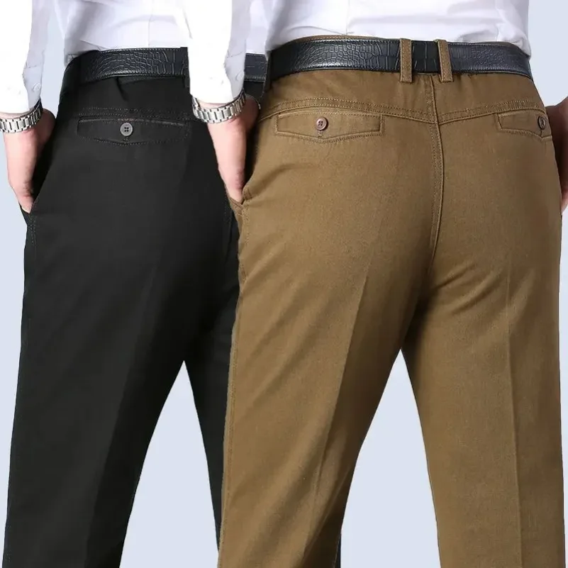 New Arrival 100% Cotton Summer Spring Men\'s Casual Pants Fashion Solid Black Beige Gentle Thicken Trousers Brand Smart Suit Pant