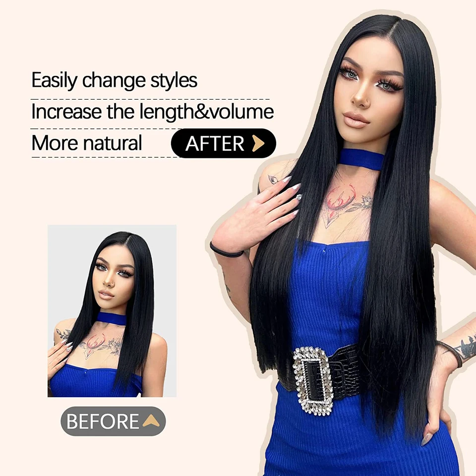 Extensión de cabello sintética larga y lisa de una pieza con 5 clips, rubia, marrón o negra, postizo resistente al calor 4