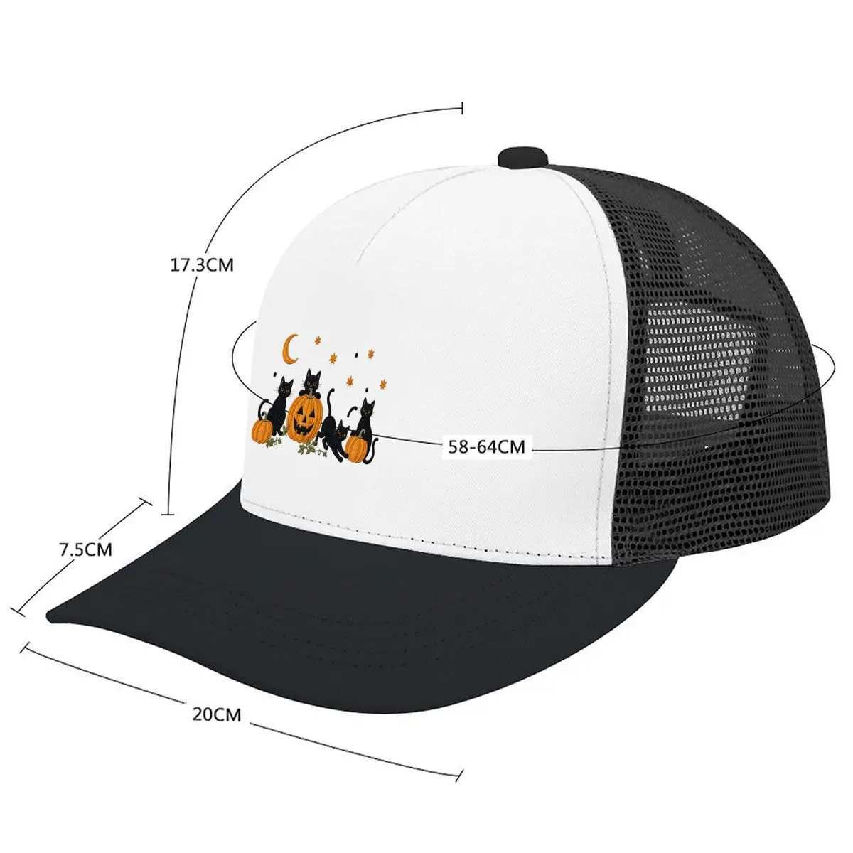 Halloween Black Cat Pumpkin Crescent Moon Star Graphic Mesh Baseball Cap Casual Hat For Womens Unisex Female