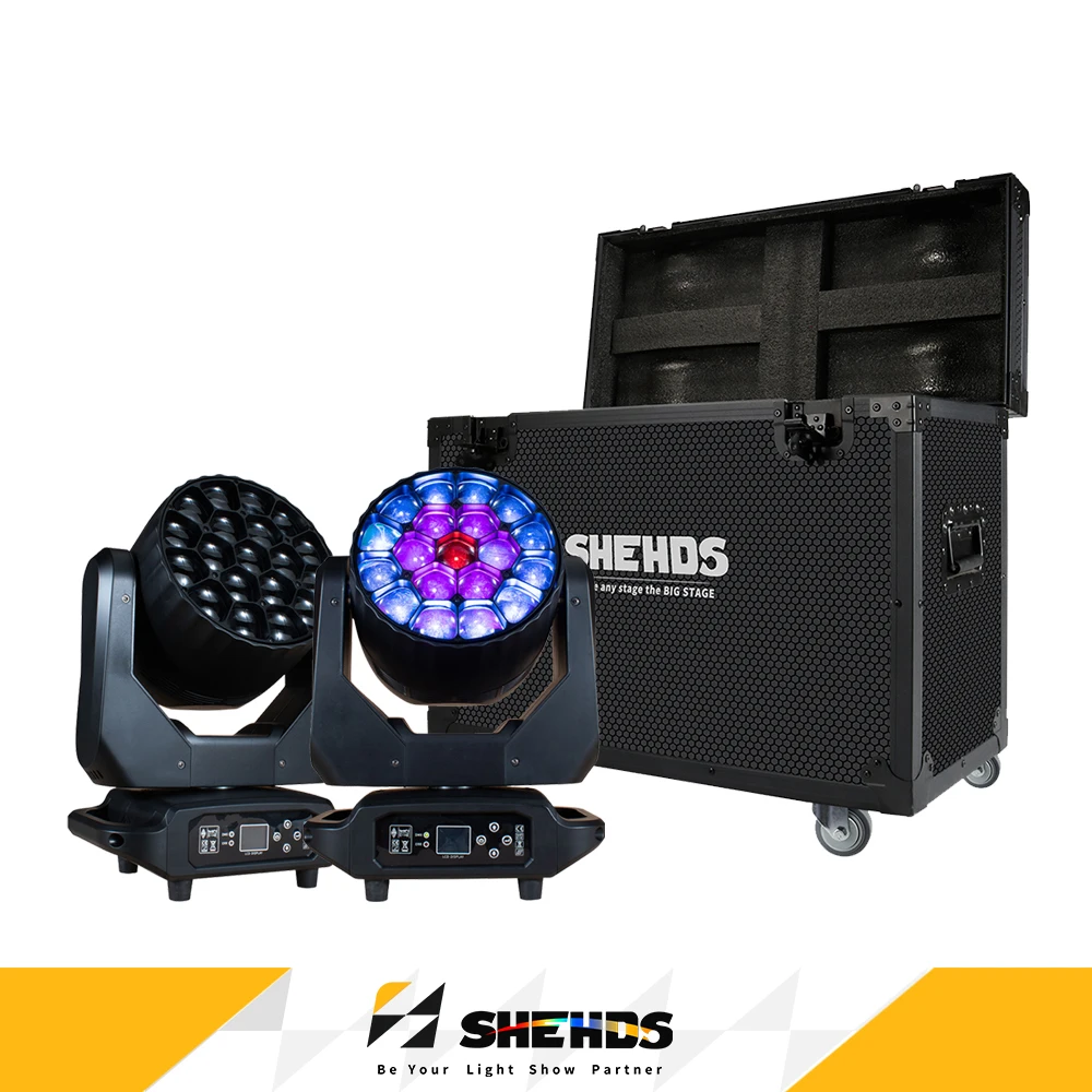 SHEHDS 19x20W LED Moving Head mit 2 Jahren Garantie, Bee-Eyes-Beam-Wash-Bühnenlicht mit Flightcase für DJ, Disco, Hochzeit, Party, DMX512