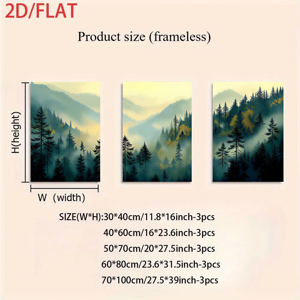 3PCS Large-sized frameless canvas paintings,1 set of frameless triptych decorative paintings depicting misty forests in the moun