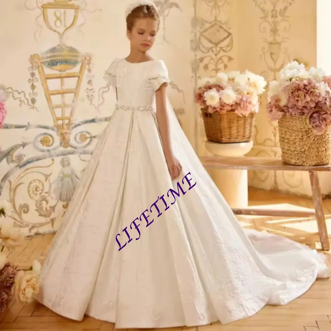 فساتين فتاة الزهور الفاخرة من الدانتيل لحفلات الزفاف مطرز بالزهور، فساتين حفلات أعياد الميلاد للفتيات الصغيرات