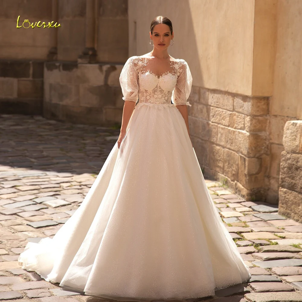 

Loverxu A-Line Elegant Wedding Dresses 2024 Sweetheart Short Sleeve Vestido De Novia Lace Sequined Glitter Robe De Mariee