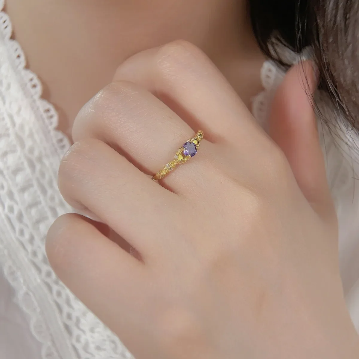 Sterling Silver European and American Simple Light Luxury Style Amethyst Rose Gold Zirconia Women's Ring Turkish Rings view 6