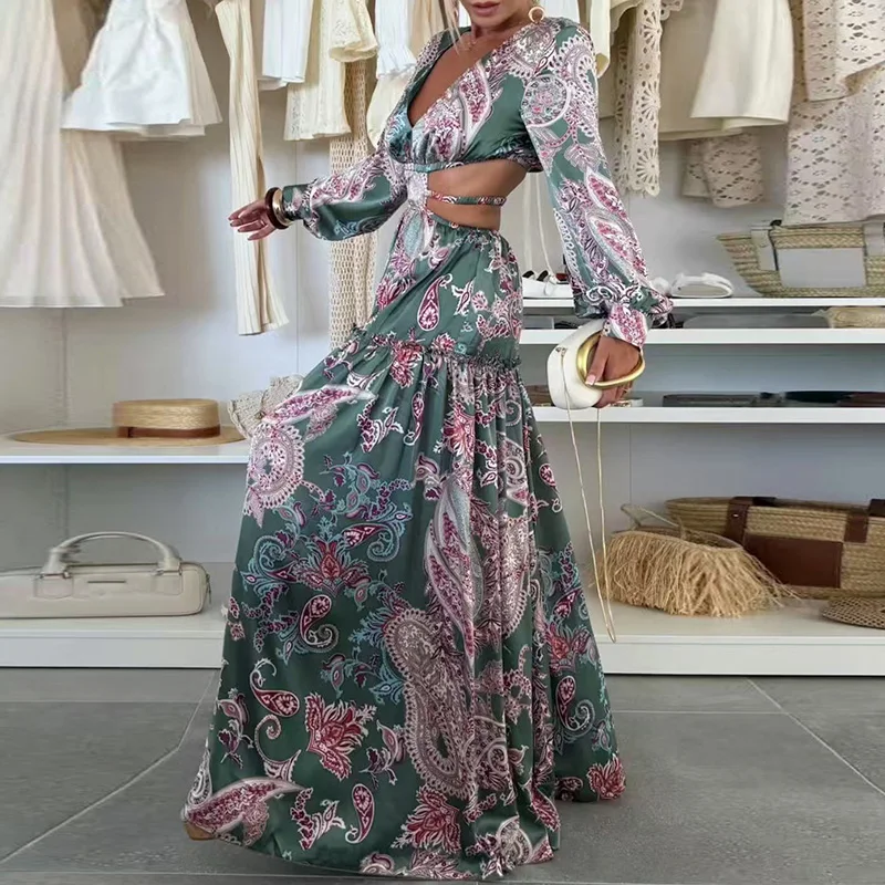 Vintage Pattern Printed Hollow Long Dress New Autumn Sexy V Neck Pleated Bohemian Dress Casual Backless Big Swing Holiday Dress