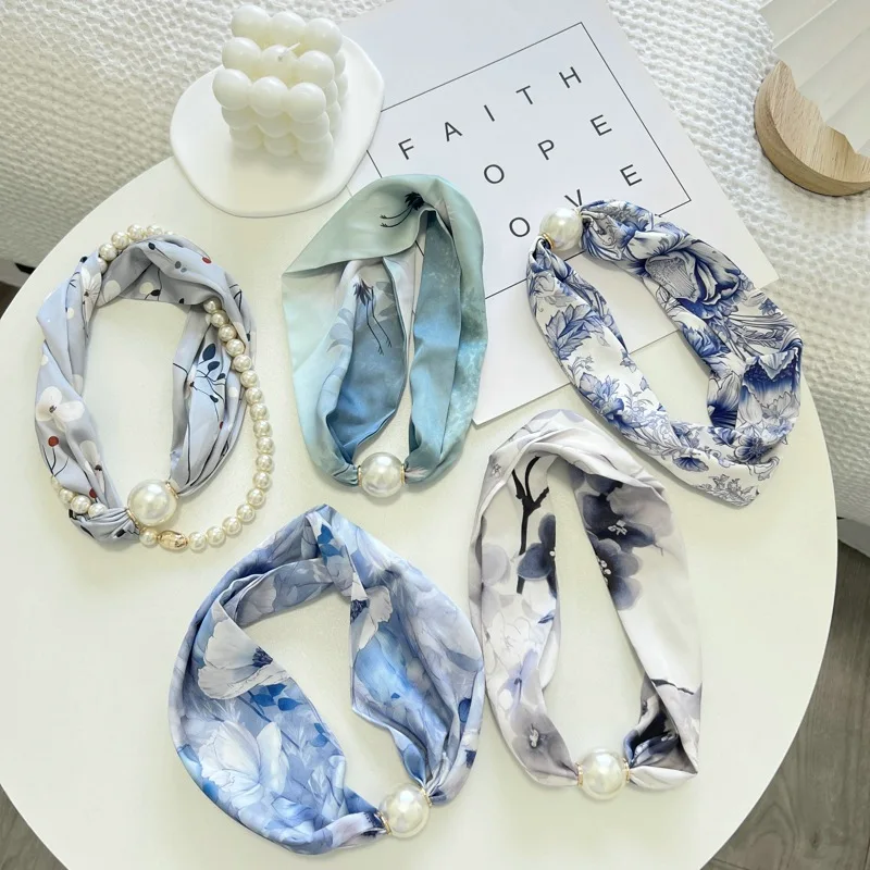 2024 New Neck Protection Pearl Scarf Women's Summer Long Magnetic Buckle Decorative Pendant Scarf Simple All-Match Scarf Scarf