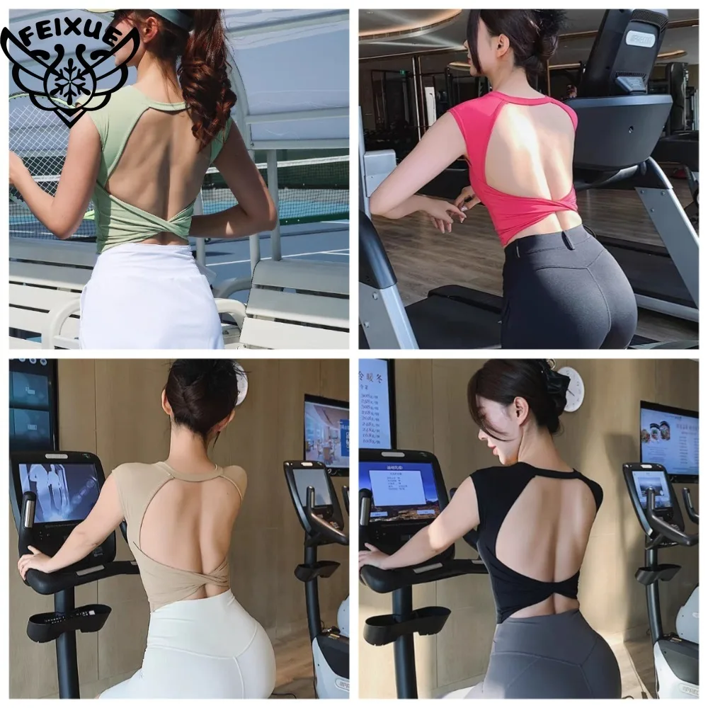 Yoga Short Sleeved Women's Fixed Chest Pad Sexy Backless Short Sports T-Shirt Sexy Yoga Tops Waist Slimming Fitness Vest