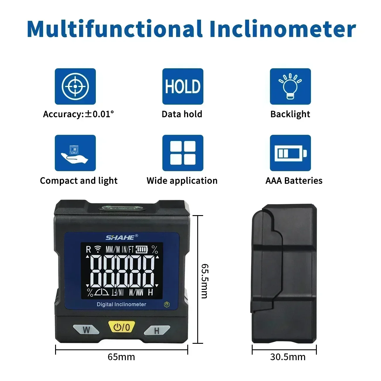 Imagem -03 - Shahe Medidor de Ângulo Digital Transferidor Inclinômetro com Display Flip up Caixa de Nível de Bolha Mede 4*90 e 2*180 Graus de Faixas