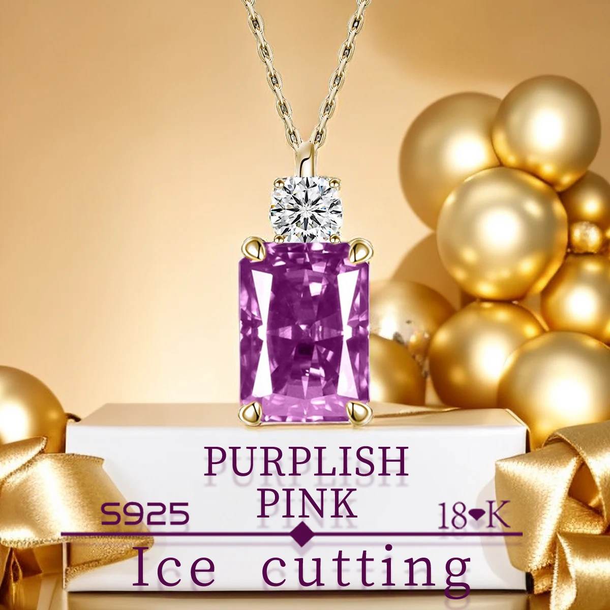 

S925 Sterling Silver Fine Quality 3.5 carat 1 rectangle PURPLISH PINK Zircon Sparkle 5A Good quality Ice Cut Ladies Pendant