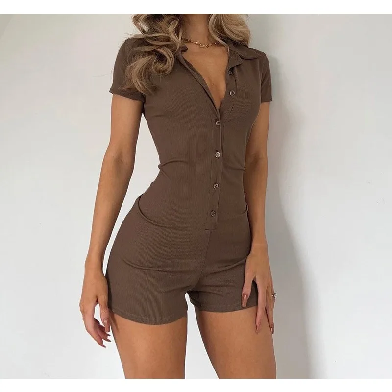 Solid Color Lapel Single-breasted Tight Casual Women's Jumpsuit