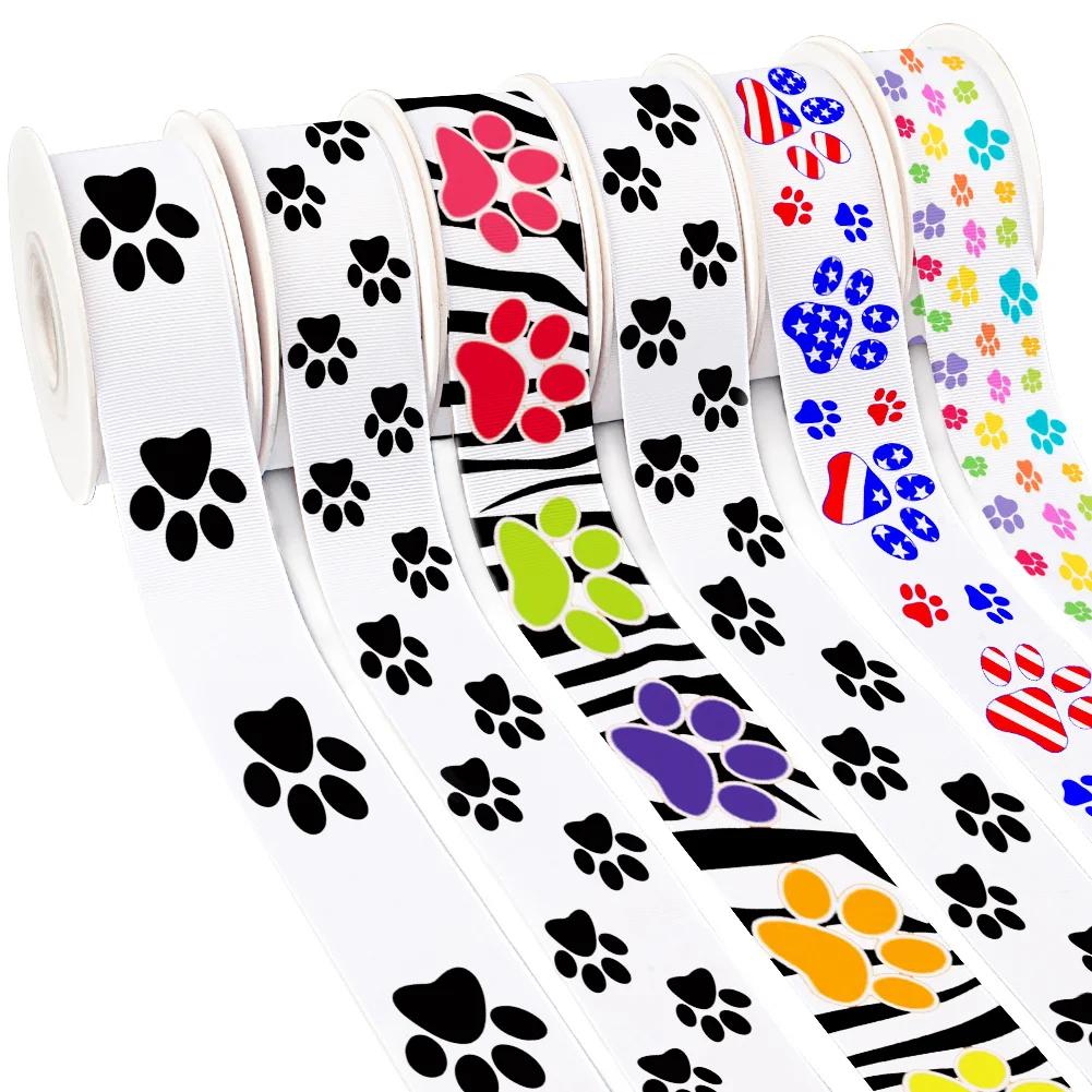 Cartoon Dog Paw Bone Printed Grosgrain Ribbon for Cheer Bows DIY Girl Headwear Hair Bows Satin Ribbon