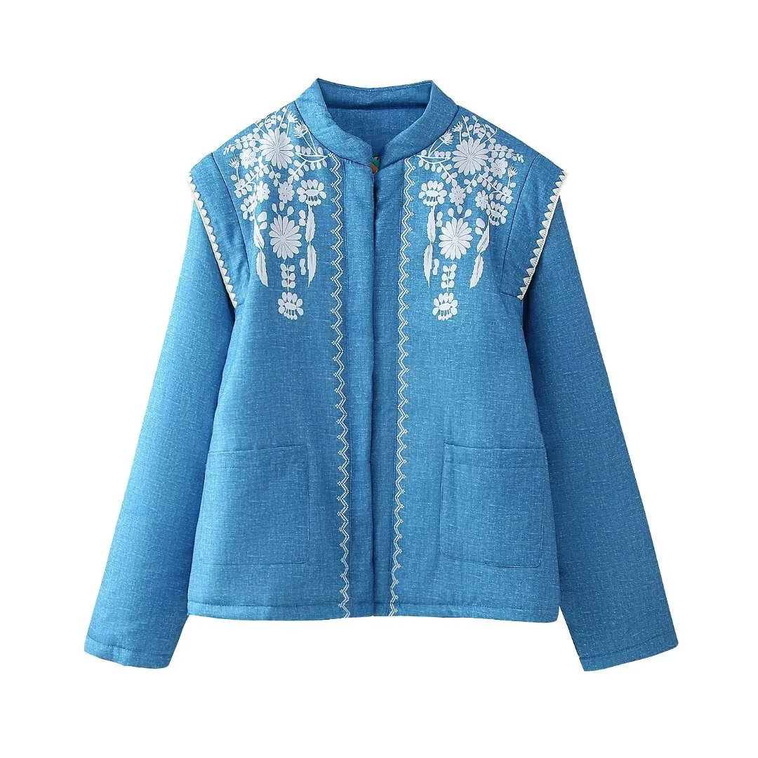 Autumn and Winter New Women's Clothing Design Sense Versatile Printed Denim Long-sleeved Cotton Jacket