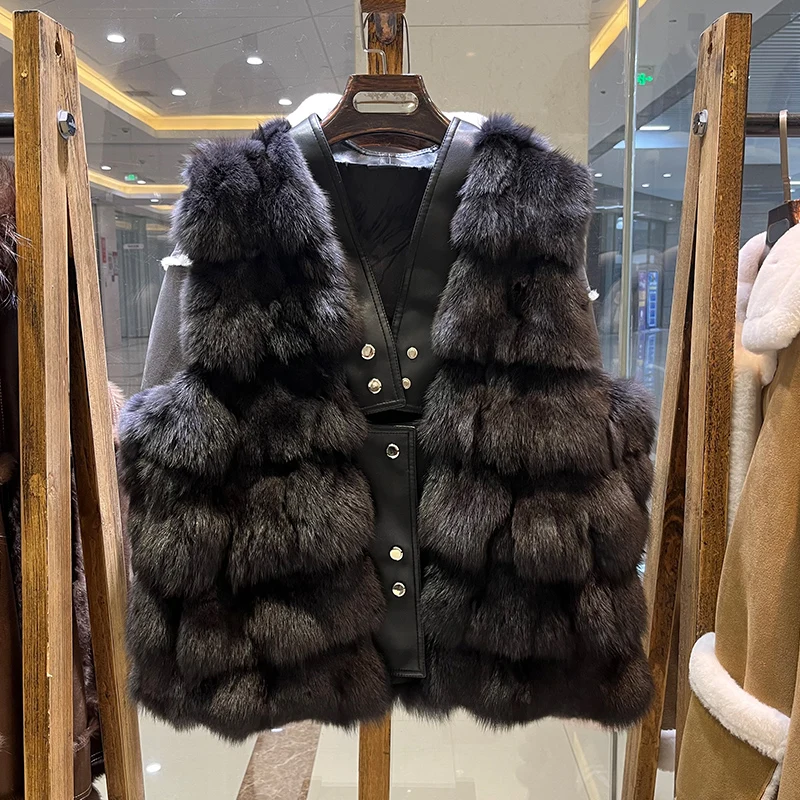 

2023 Autumn Winter Women Real Natural Fox Fur Sleeveless Vest Luxury Fashion Waistcoat Wholesale Female Jackets