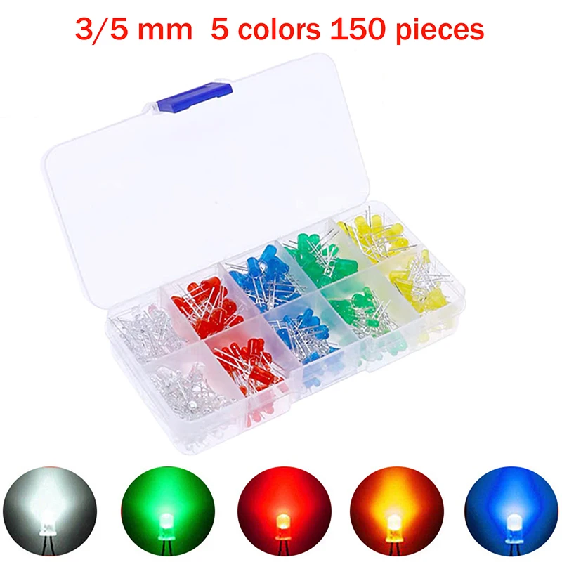 150Pcs 3mm 5mm LED Light White Yellow Red Green Blue Assorted Kit DIY LEDs Set Electronic