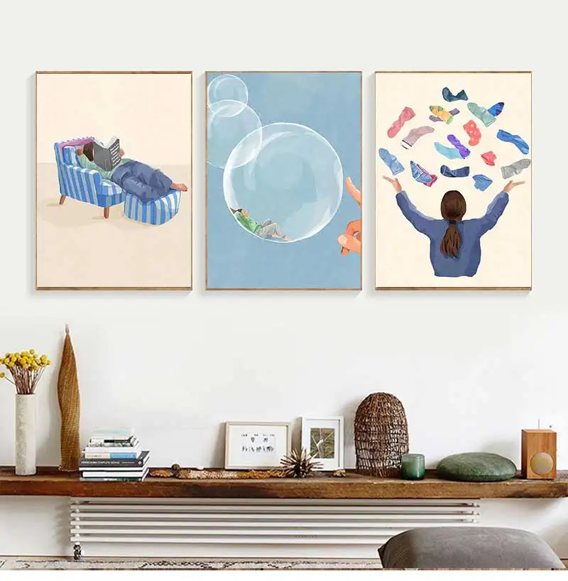 1pc frameless Canvas Painting Minimalist Daily Life Wall Art Canvas Prints Girl Read Book Balloon Poster Cup Painting Abstract P