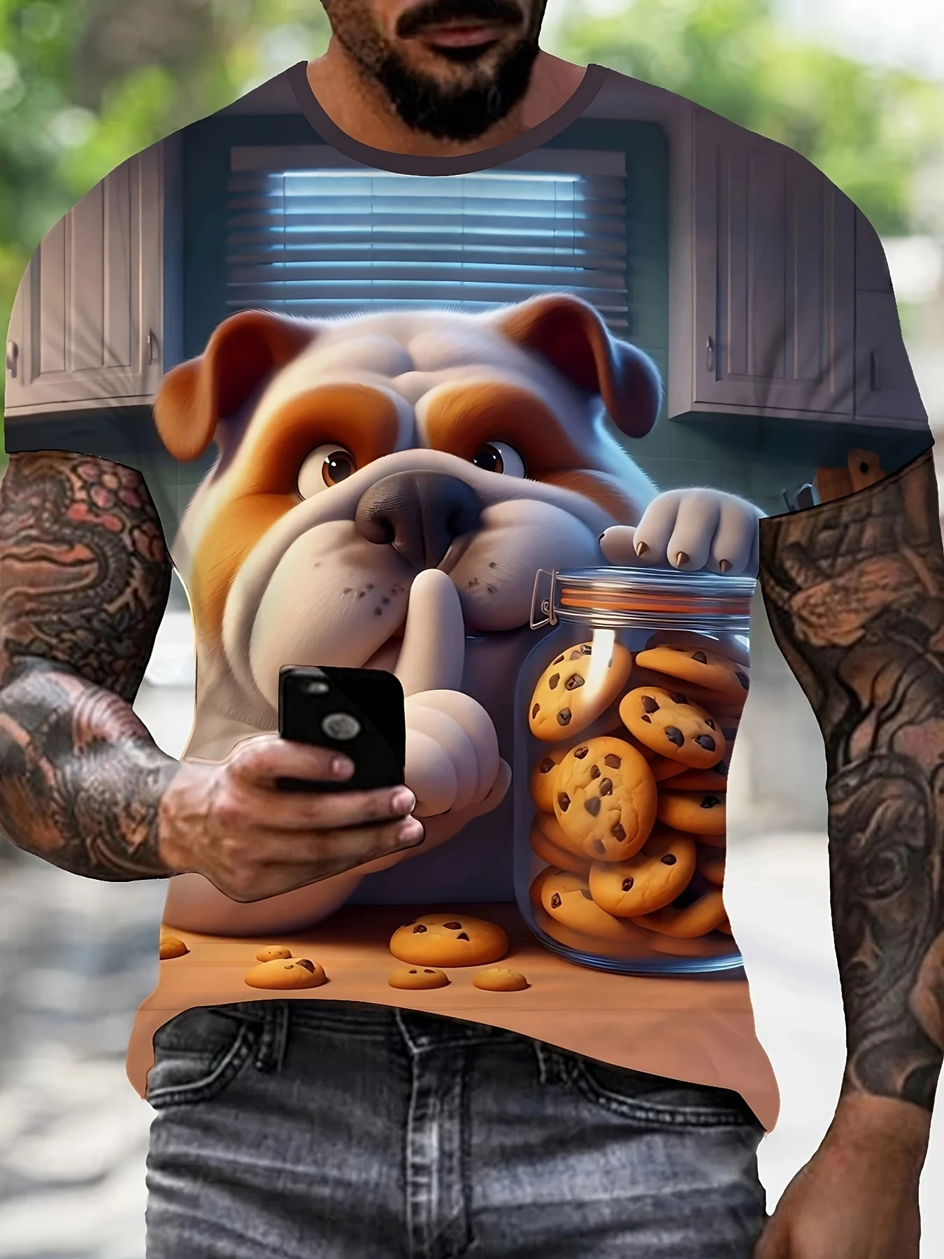 Men's Cartoon Bulldog Steal Cookie Print T-Shirt Funny Shush Gesture Pet Crew Neck Casual Tee