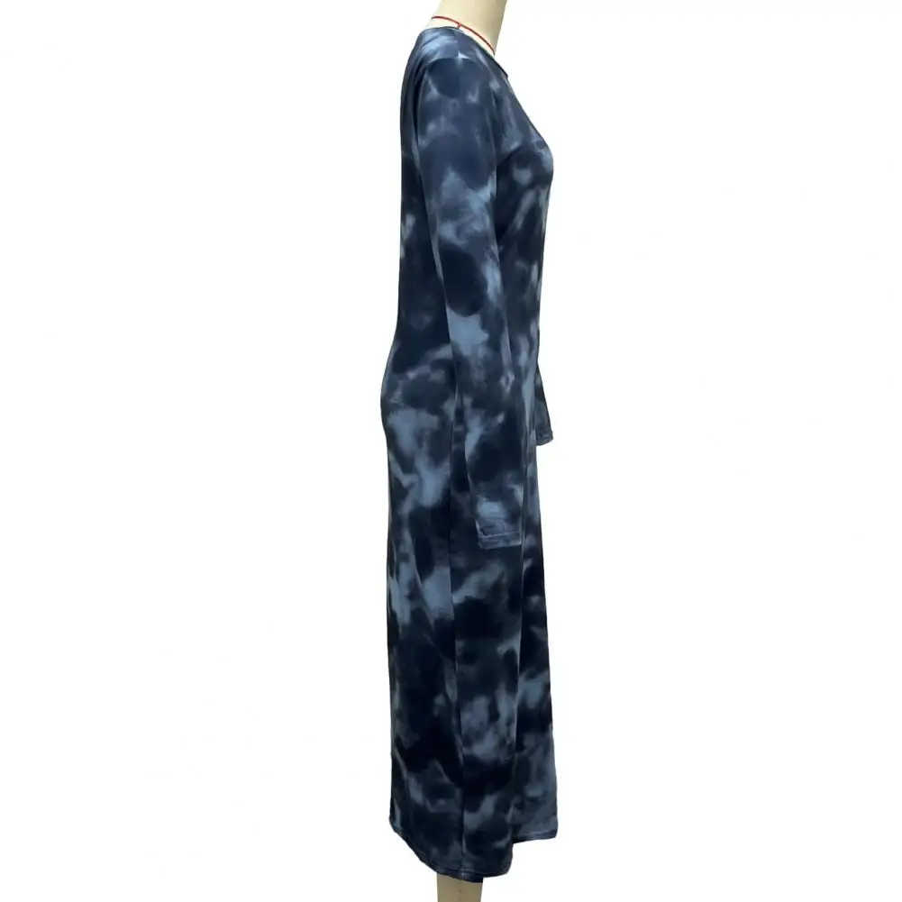 

Spring Autumn Dress Elegant Women's Long Sleeve Maxi Dress with Round Neck Slim Fit Ankle Length Tie-dye for Spring for Women