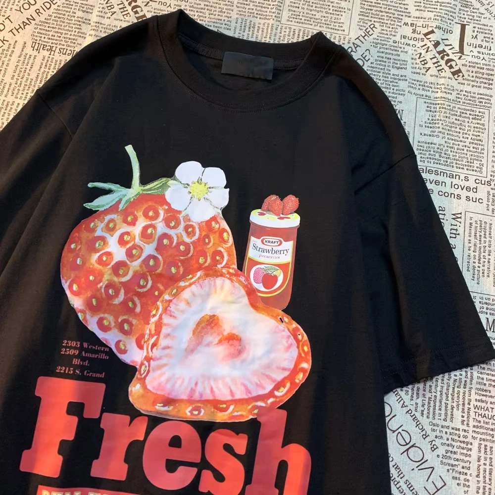 Camiseta informal suave y transpirable con estampado gráfico de fresa fresca para hombre y mujer, camisa de media manga de gran tamaño a la moda