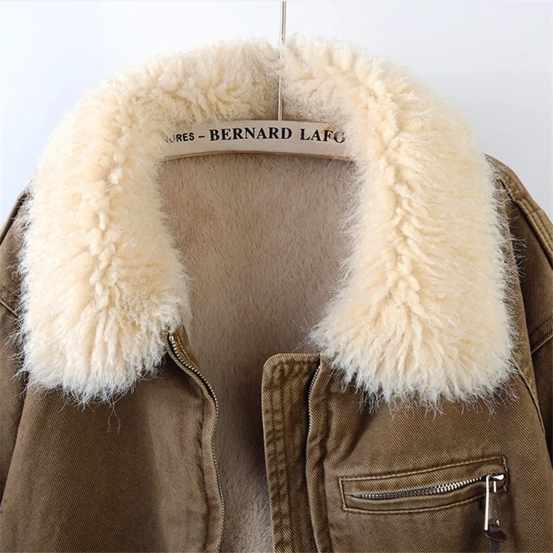 Winter Thick Warm Faux Lambswool Liner Short Denim Coat Khaki Coffee Color Cowboy Outerwear Lapel Long Sleeve Jeans Jacket Coat