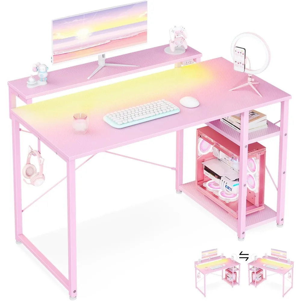 Mesa de jogos pequena de 40 polegadas com armazenamento e luzes LED, mesa de computador com prateleira, mesa de jogador reversível com ajustável