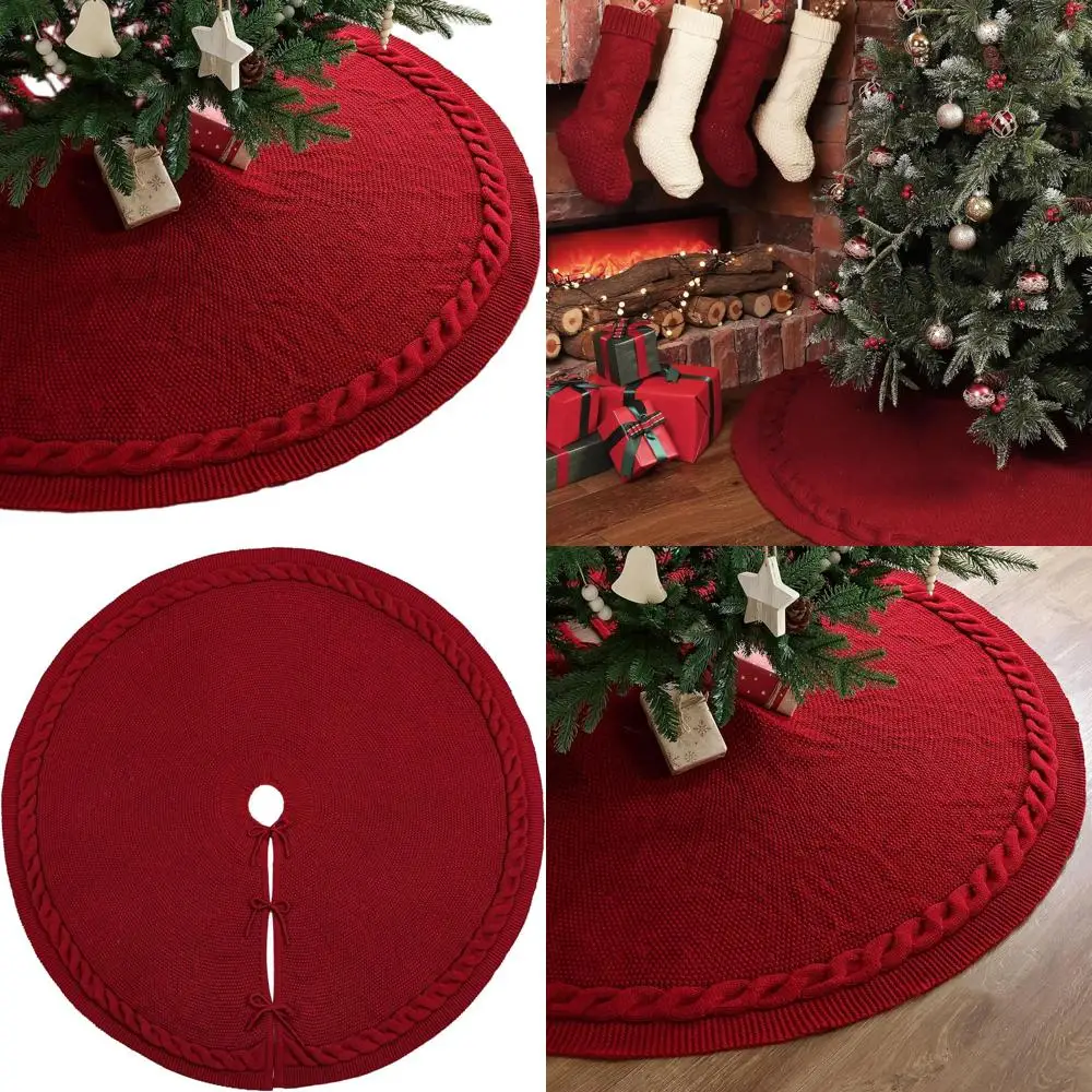 

Vintage Cable Knit 60 Christmas Tree Skirt for 9ft Tree, Rustic Wine Red Farmhouse Holiday Decor