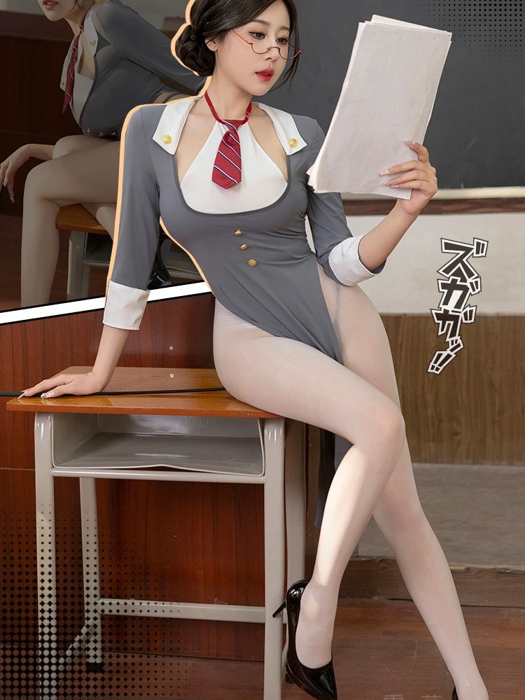 

Crotchless Teacher Cosplay Nightwear Sexy High Split Long Dress Lingerie Babydoll Roleplay Gowns Cheongsam Night Club Uniform