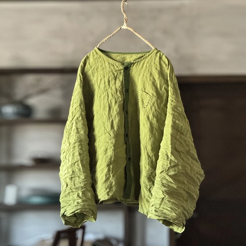 여성 긴 소매 리넨 셔츠 새로운 도착 2025 봄 빈티지 스타일 오-넥 느슨한 편안한 여성 캐주얼 탑 셔츠 T495