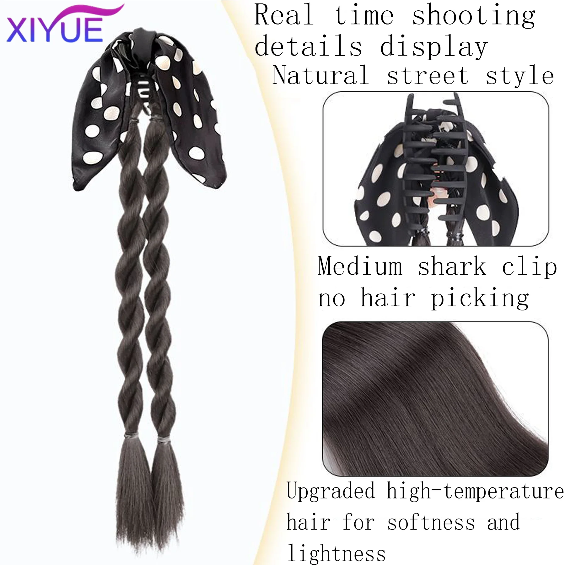 Synthetic Beige dots Bow Claw Clip Ponytail Temperament Slightly Curly Hair Natural Heat-resistant Chemical Fiber Wig Ponytail