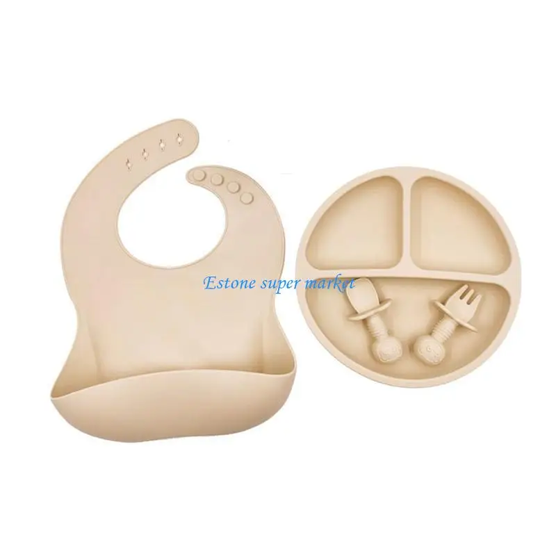 

090B 4 Pcs Baby Silicone Bib Divided Dinner Plate Spoon Fork Set Training Feeding Utensil Dishes Tableware